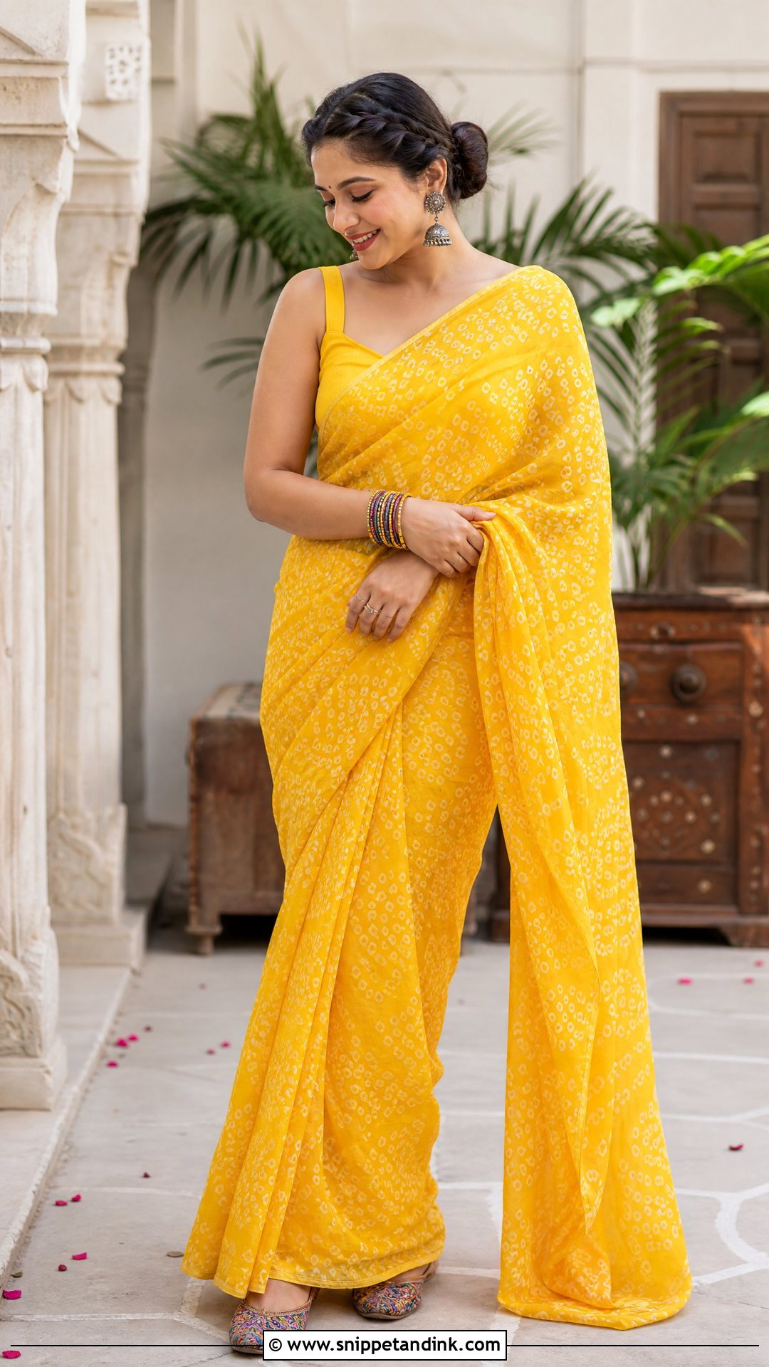 Yellow Haldi Bandhani Saree Outfit - Snippet and Ink - 20 Yellow Haldi Outfit Ideas