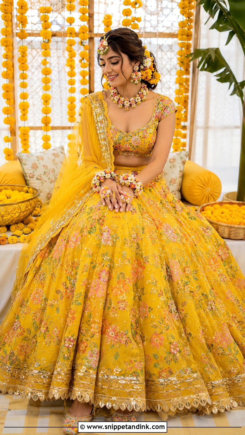 Yellow Haldi Bridal Lehenga With Flower Jewelry - Snippet and Ink - 20 Yellow Haldi Dress Ideas