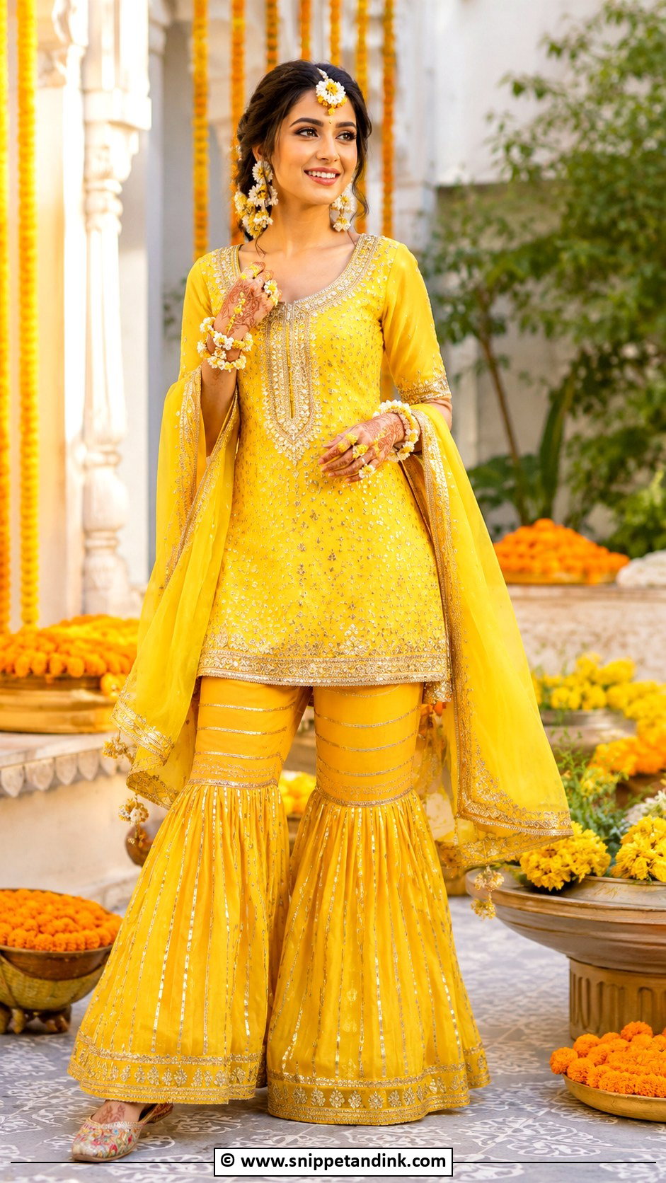 Yellow Haldi Gharara For Bride - Snippet and Ink - 30 Haldi Outfit Ideas for Bride