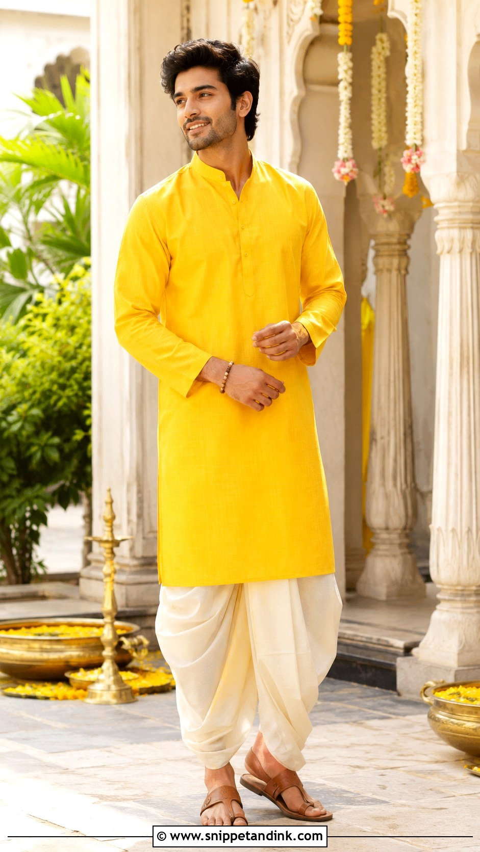 Yellow Haldi Kurta With White Dhoti Pants - Snippet and Ink - 20 Haldi Outfit for Bride Brother Ideas