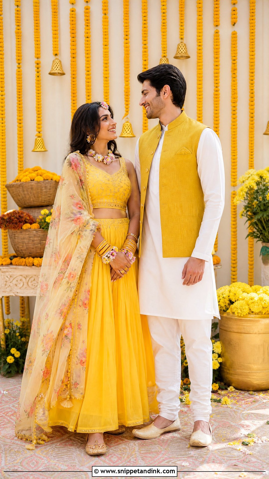 Yellow Haldi Lehenga And White Kurta Set - Snippet and Ink - 25 Indian Wedding Couple Dress Ideas