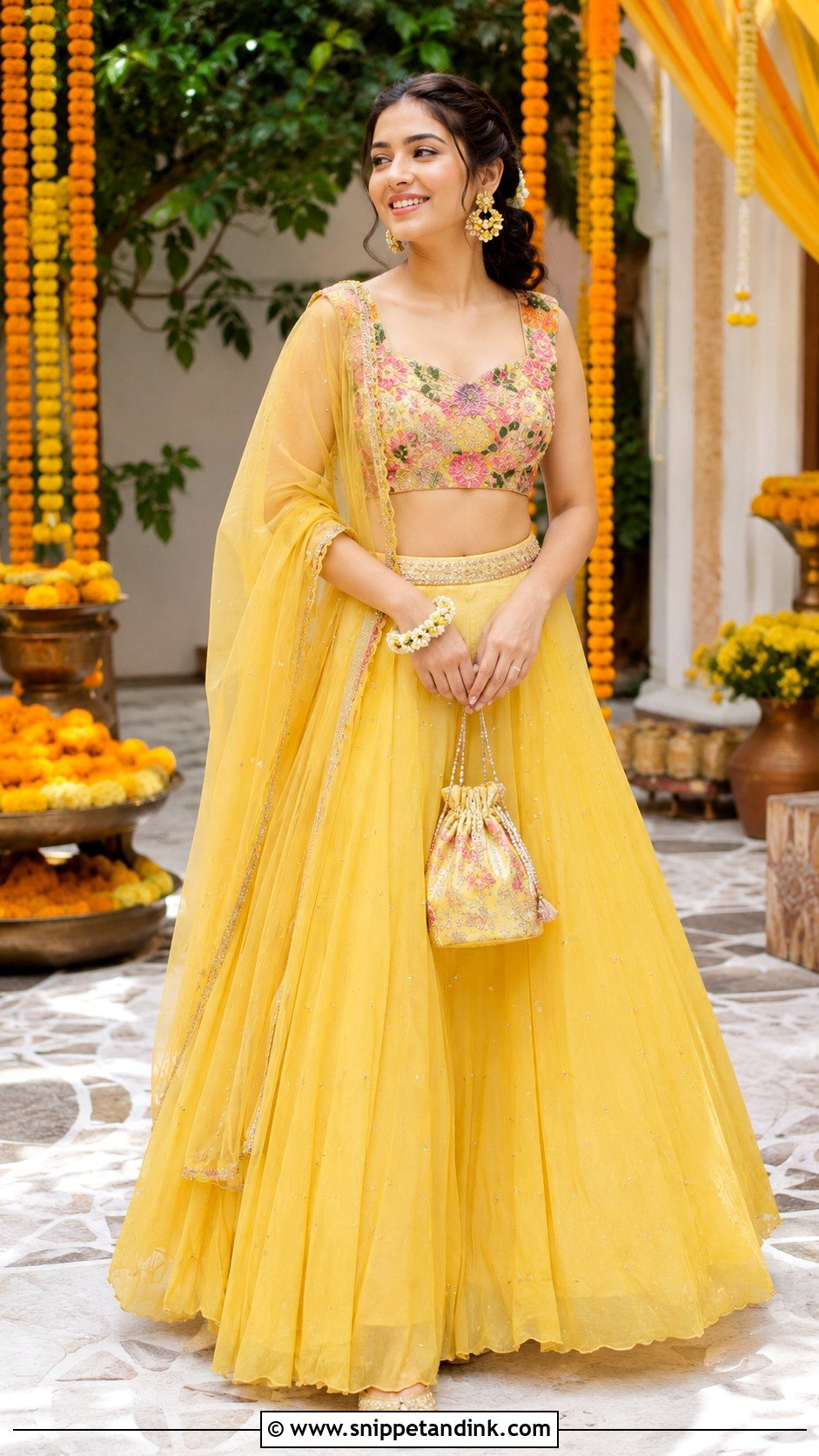 Yellow Haldi Lehenga With Floral Blouse - Snippet and Ink - 20 Yellow Haldi Dress Ideas