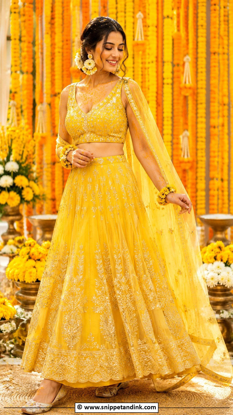 Yellow Haldi Lehenga With Floral Jewelry - Snippet and Ink - 35 Unique Haldi Outfits