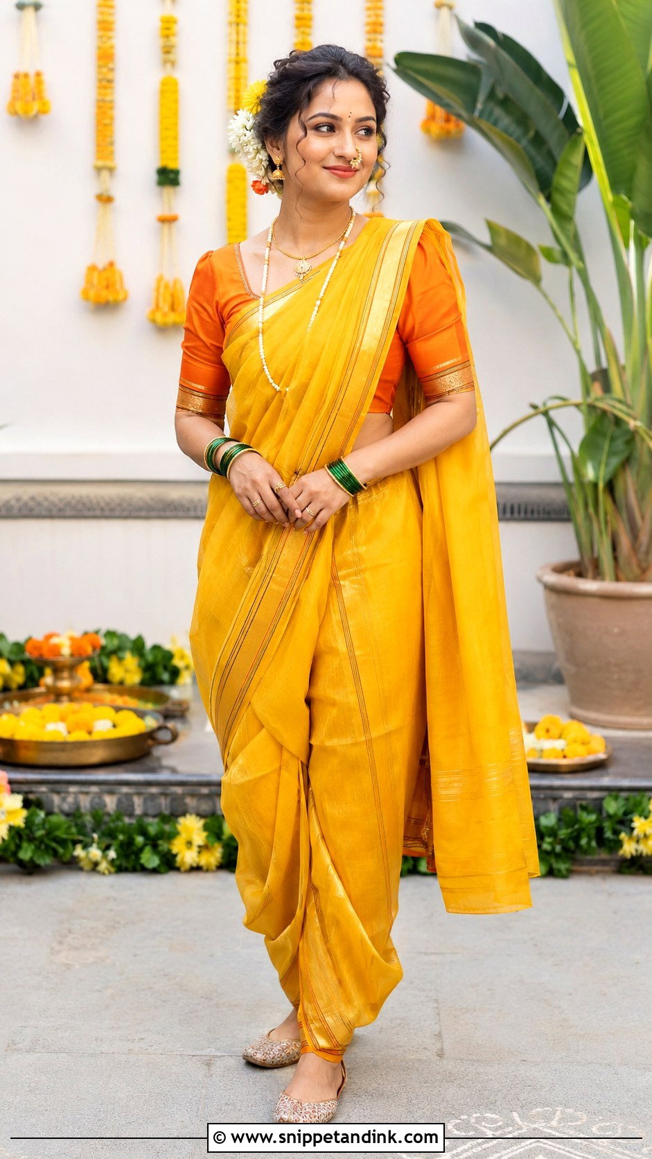 Yellow Haldi Nauvari Saree Look - Snippet and Ink - 25 Maharashtrian Wedding Look Ideas