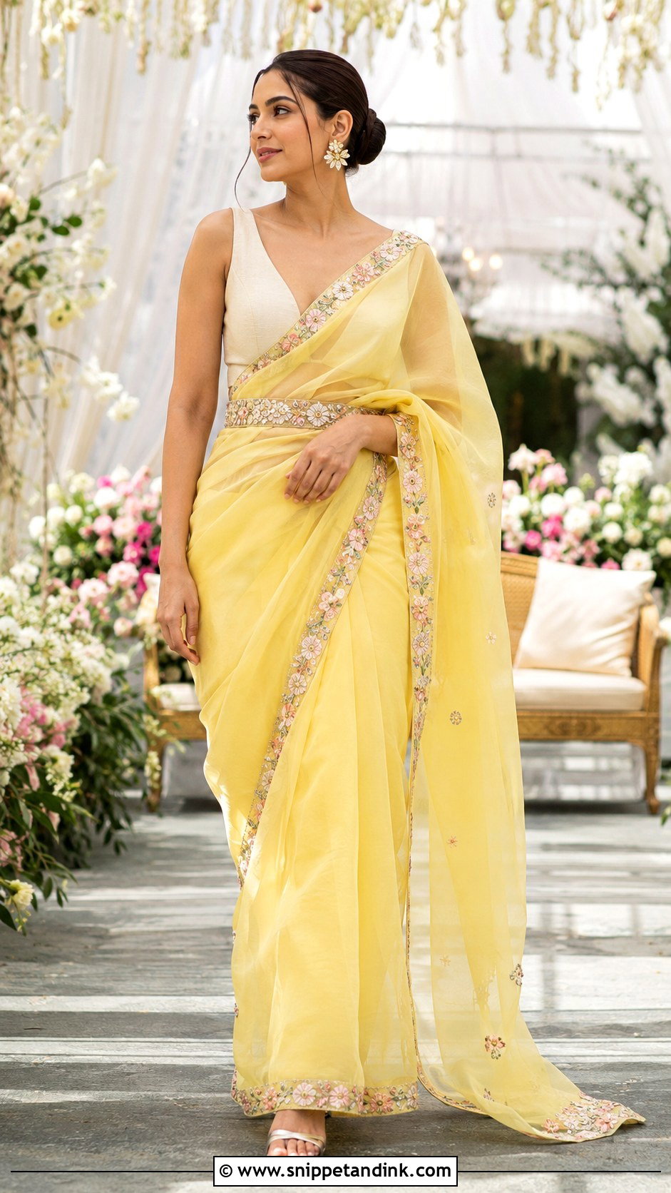 Yellow Haldi Organza Saree With Sleeveless Blouse - Snippet and Ink - 20 Yellow Haldi Dress Ideas