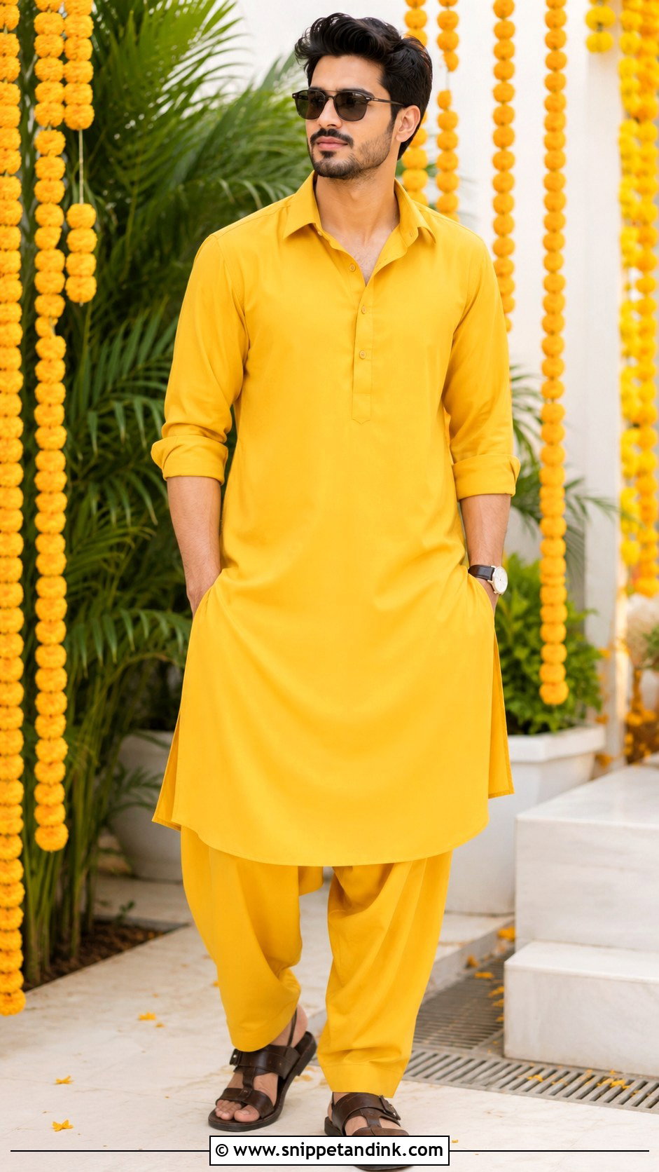 Yellow Haldi Pathani Suit With Sandals - Snippet and Ink - 20 Haldi Outfit for Bride Brother Ideas