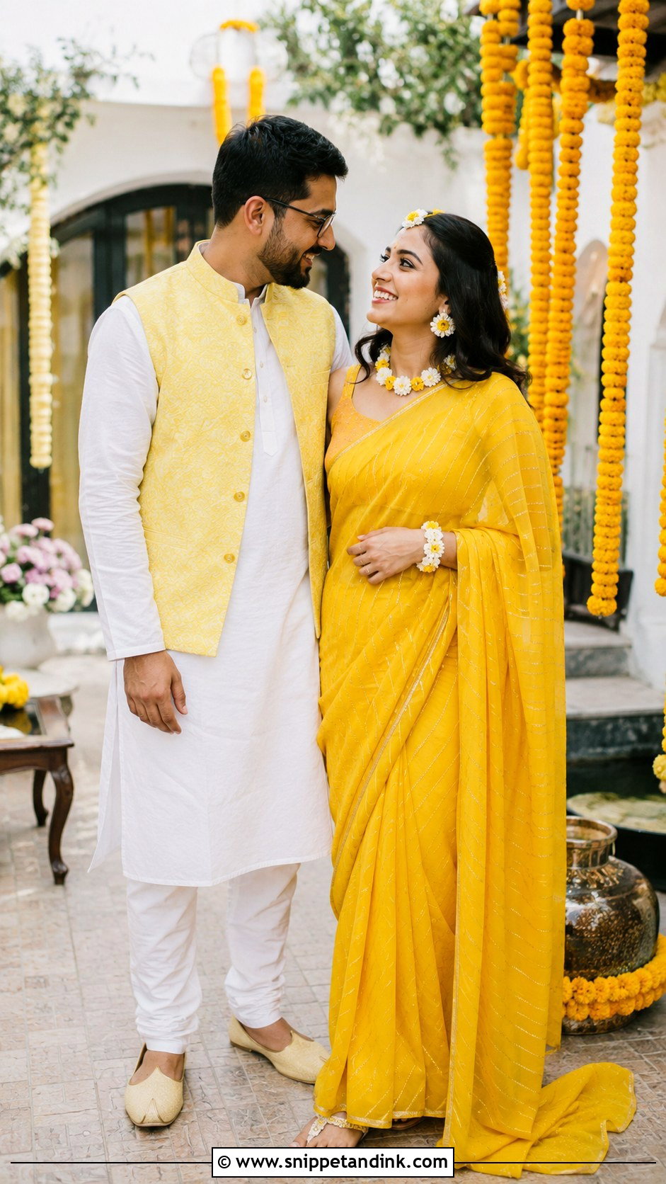 Yellow Haldi Saree And White Kurta Outfit - Snippet and Ink - 20 Indian Couple Wedding Outfit Ideas