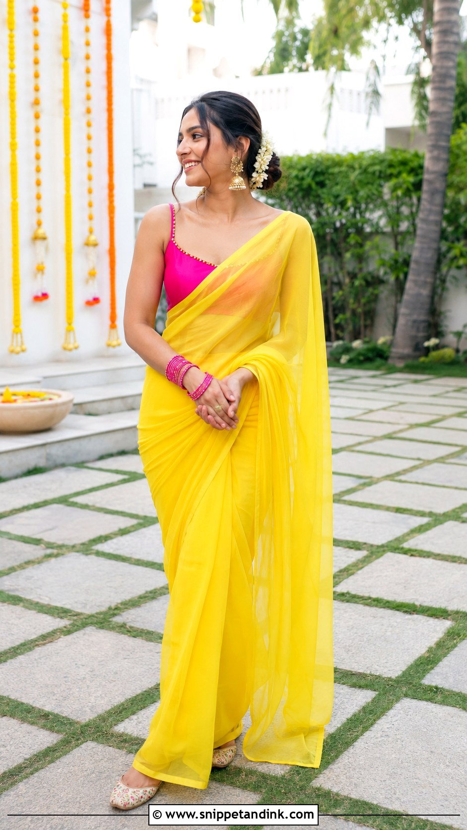Yellow Haldi Saree With Pink Blouse - Snippet and Ink - 20 Yellow Haldi Dress Ideas