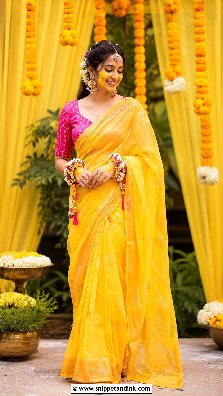 Yellow Haldi Saree With Pink Blouse - Snippet and Ink - 30 Indian Bridal Haldi Outfit Ideas