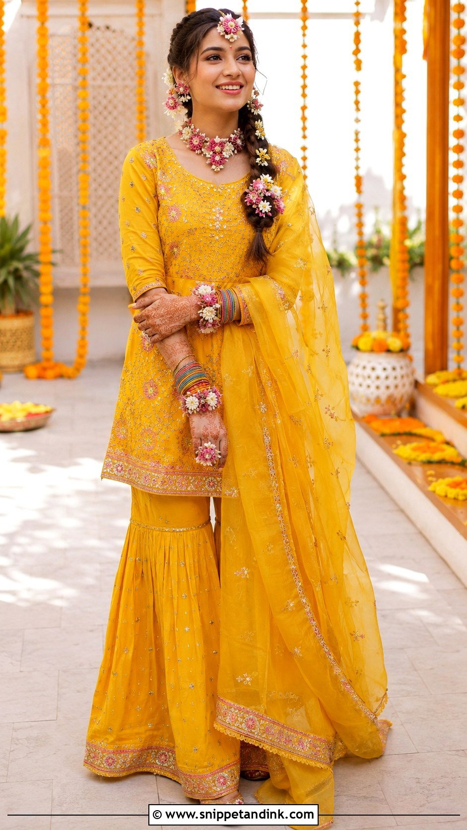 Yellow Haldi Sharara With Floral Accessories - Snippet and Ink - 20 South Asian Wedding Dress Ideas