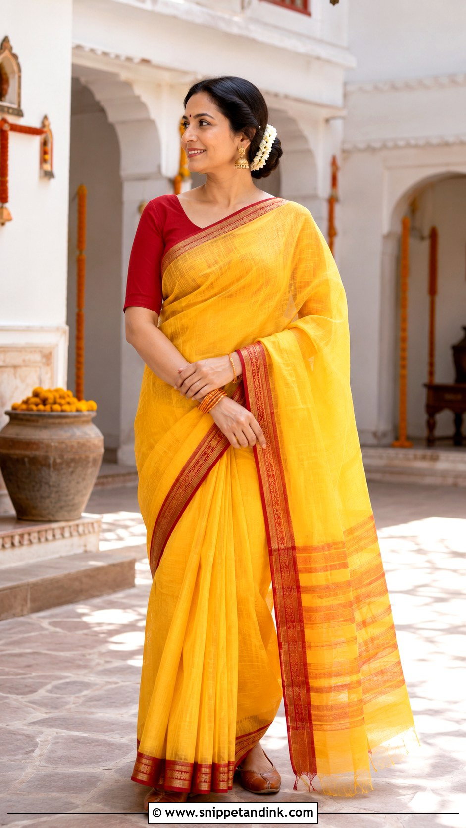 Yellow Handloom Saree for Haldi - Snippet and Ink - 20 Outfits for Haldi Ceremony