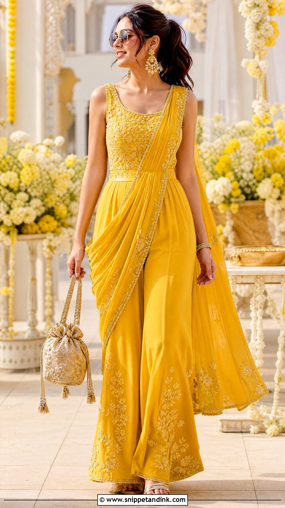 Yellow Indo Western Jumpsuit for Haldi Ceremony - Snippet and Ink - 20 Haldi Ceremony Outfit for Sister Ideas