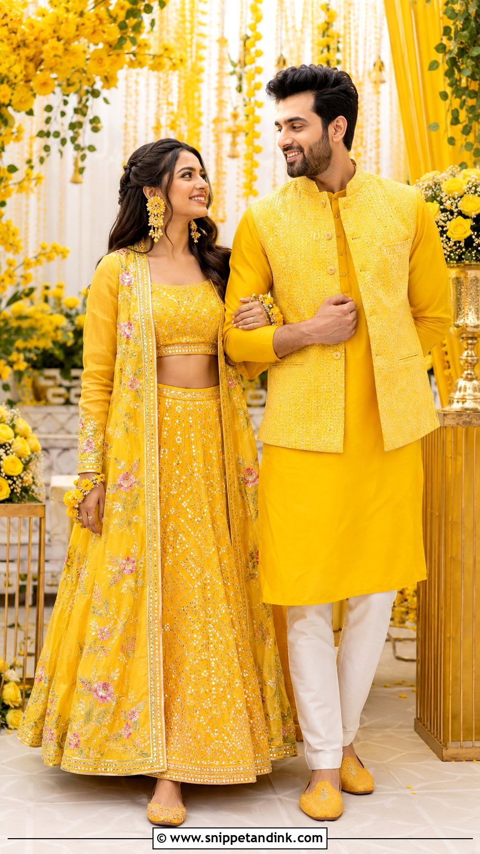 Yellow Jacket Lehenga And Yellow Jacket Kurta Haldi Couple Outfit - Snippet and Ink - 25 Haldi Couple Outfits