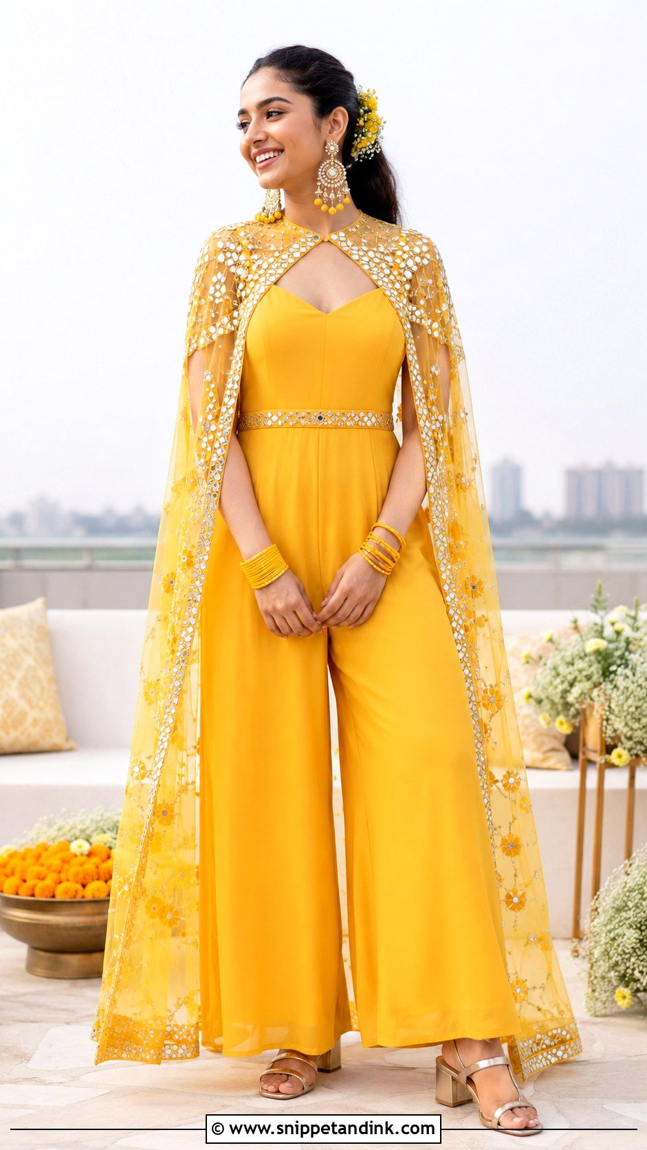 Yellow Jumpsuit And Cape Haldi Outfit - Snippet and Ink - 20 Haldi Clothes for Bride Ideas