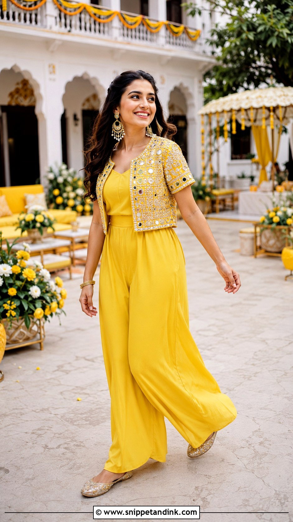 Yellow Jumpsuit And Embroidered Jacket Haldi Outfit - Snippet and Ink - 20 Indowestern Haldi Ceremony Outfit Ideas