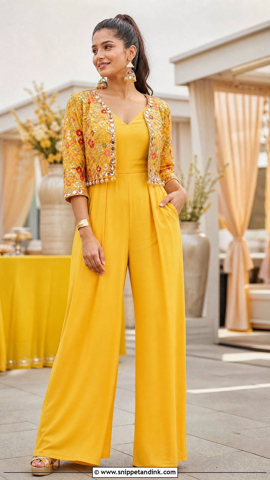 Yellow Jumpsuit And Jacket Haldi Outfit - Snippet and Ink - 20 Women Haldi Outfit Ideas