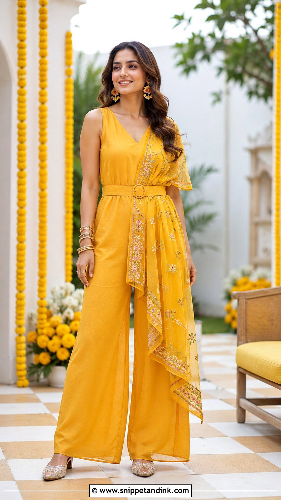 Yellow Jumpsuit Dupatta Haldi Outfit - Snippet and Ink - 20 Haldi Rasam Dress Ideas