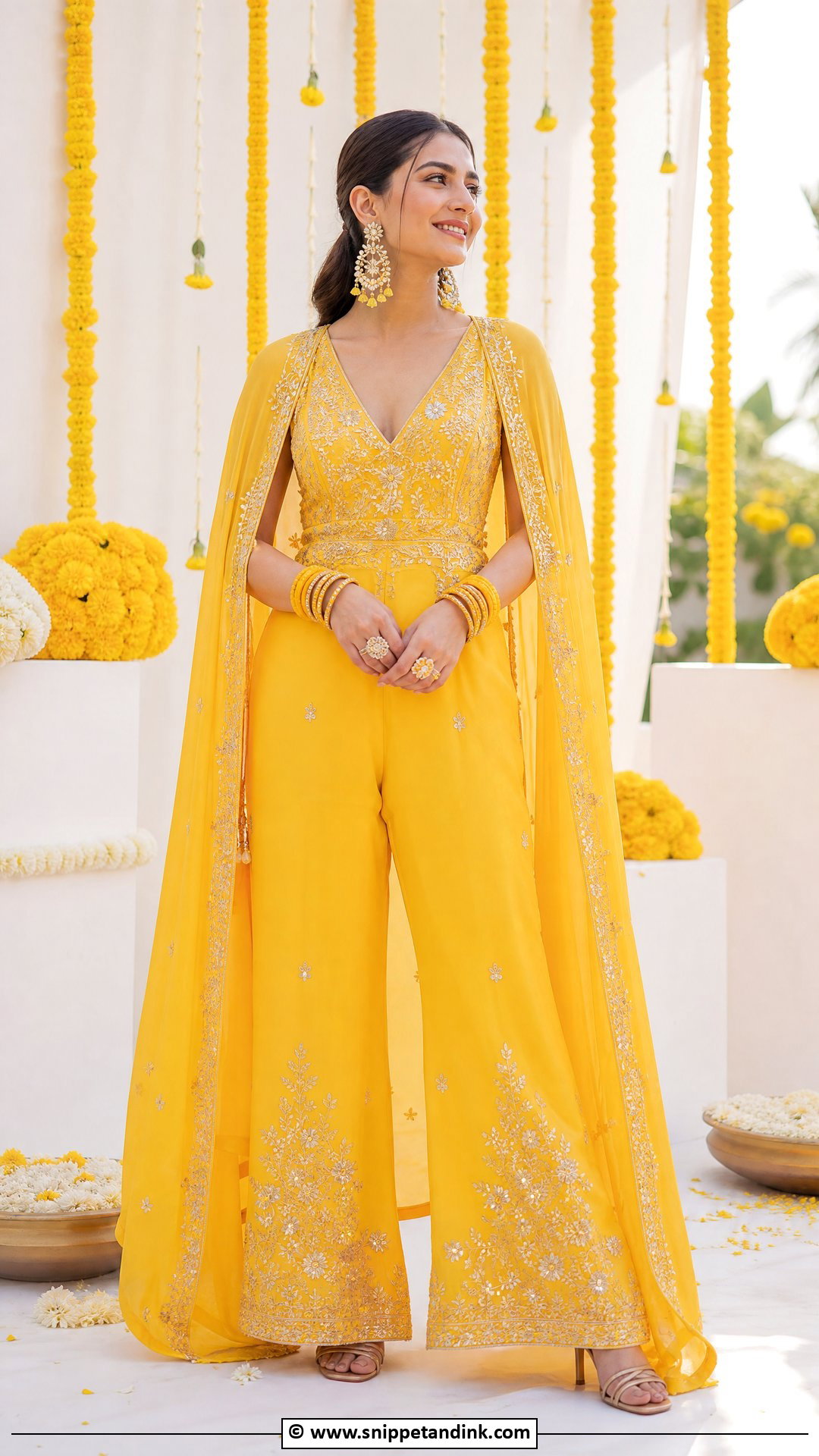 Yellow Jumpsuit For Haldi Ceremony - Snippet and Ink - 35 Haldi Ceremony Outfit for Bride Ideas