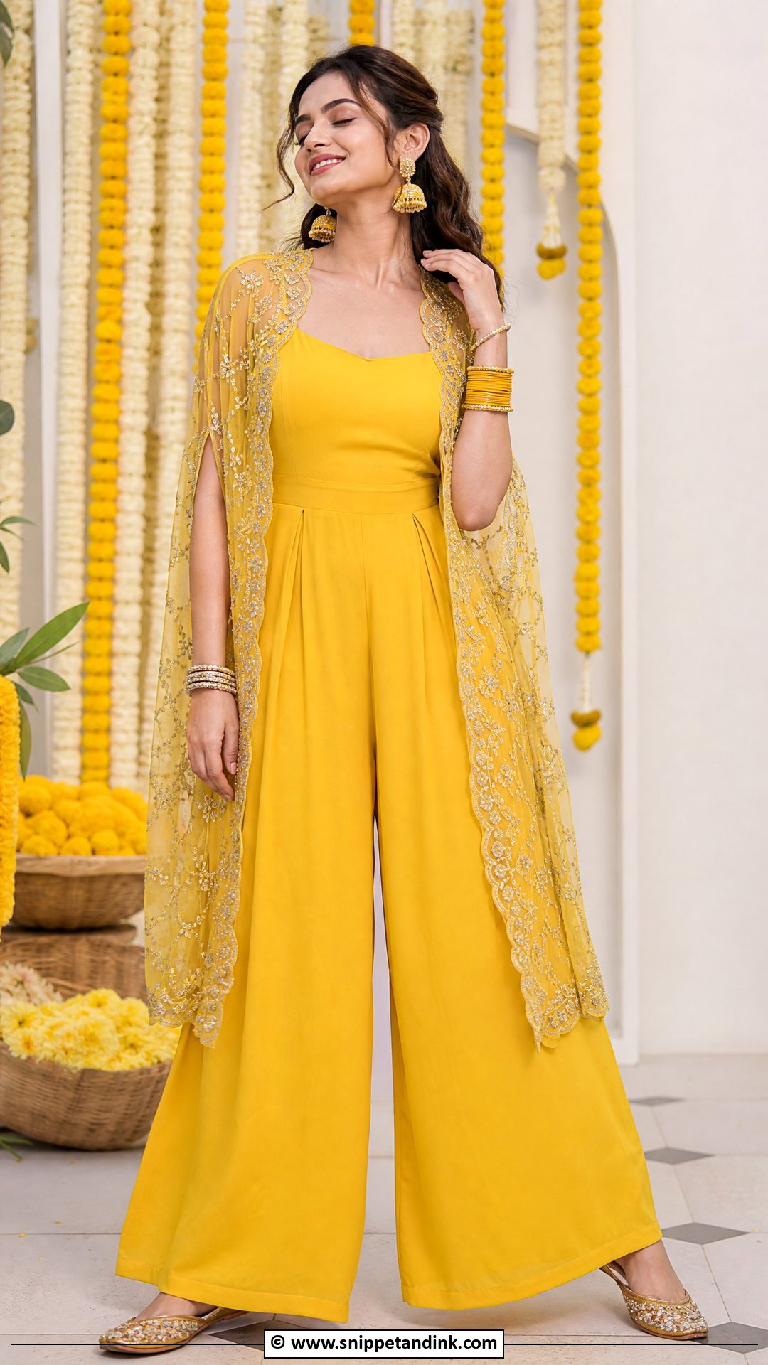 Yellow Jumpsuit Haldi Outfit - Snippet and Ink - 35 Haldi Outfit Ideas