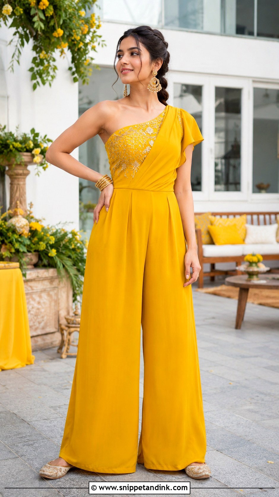 Yellow Jumpsuit Haldi Outfit - Snippet and Ink - 20 Haldi Ceremony Outfit for Girls Ideas
