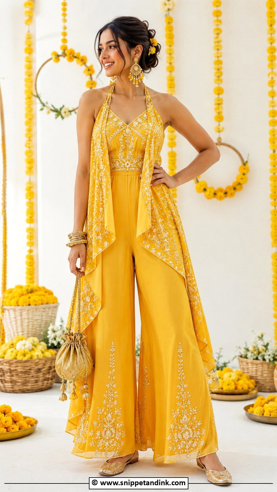 Yellow Jumpsuit Haldi Outfit - Snippet and Ink - 30 Haldi Theme Ideas Outfit