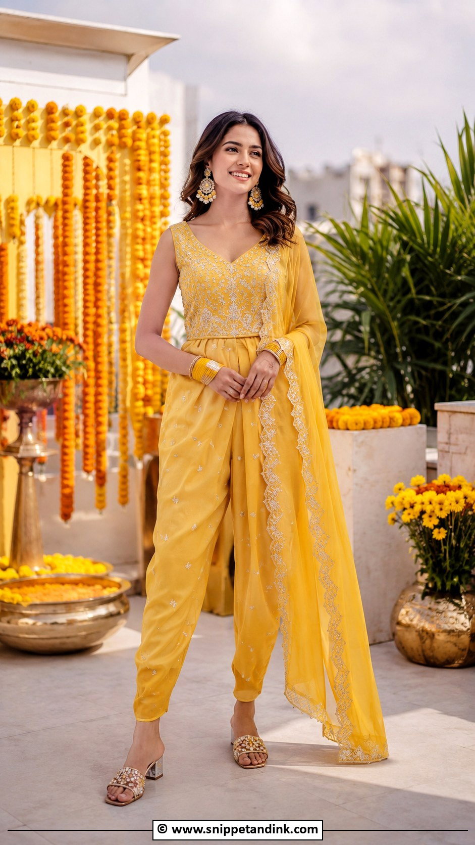 Yellow Jumpsuit With Dupatta For Haldi - Snippet and Ink - 30 Indian Haldi Ceremony Outfit for Sister Ideas