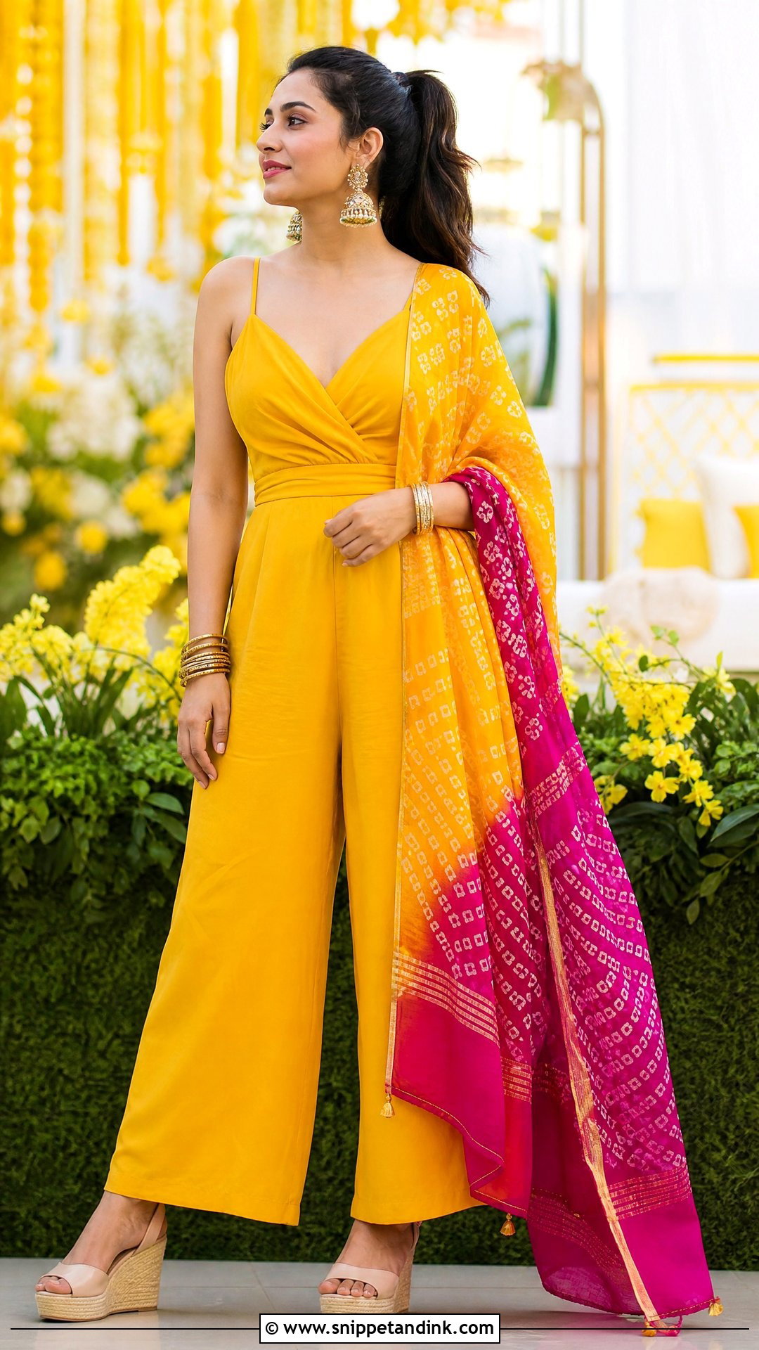 Yellow Jumpsuit With Dupatta Haldi Outfit - Snippet and Ink - 20 Simple Haldi Ceremony Outfit for Sister Ideas