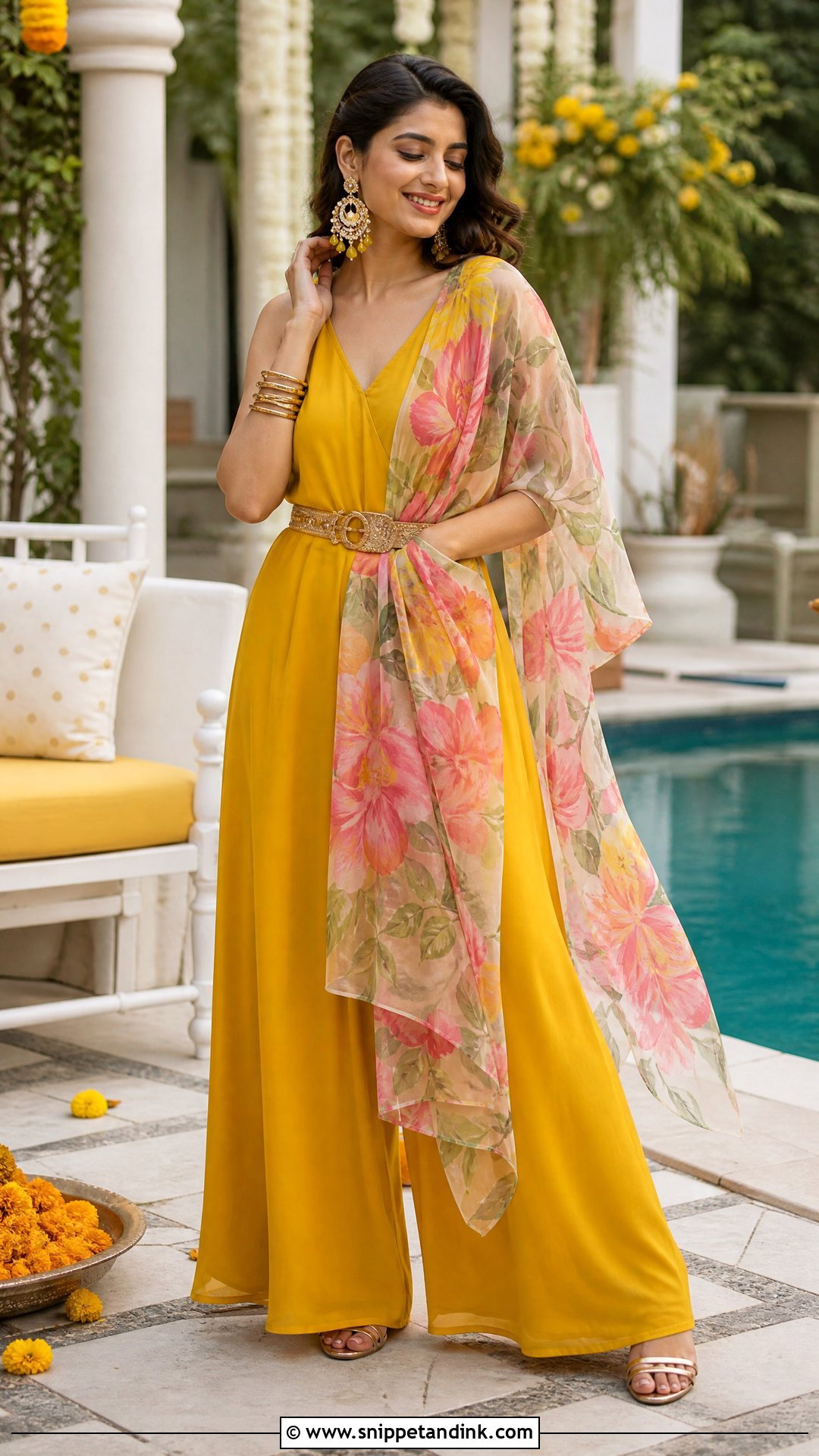 Yellow Jumpsuit With Dupatta Poolside Haldi Outfit - Snippet and Ink - 20 Pool Side Haldi Outfits