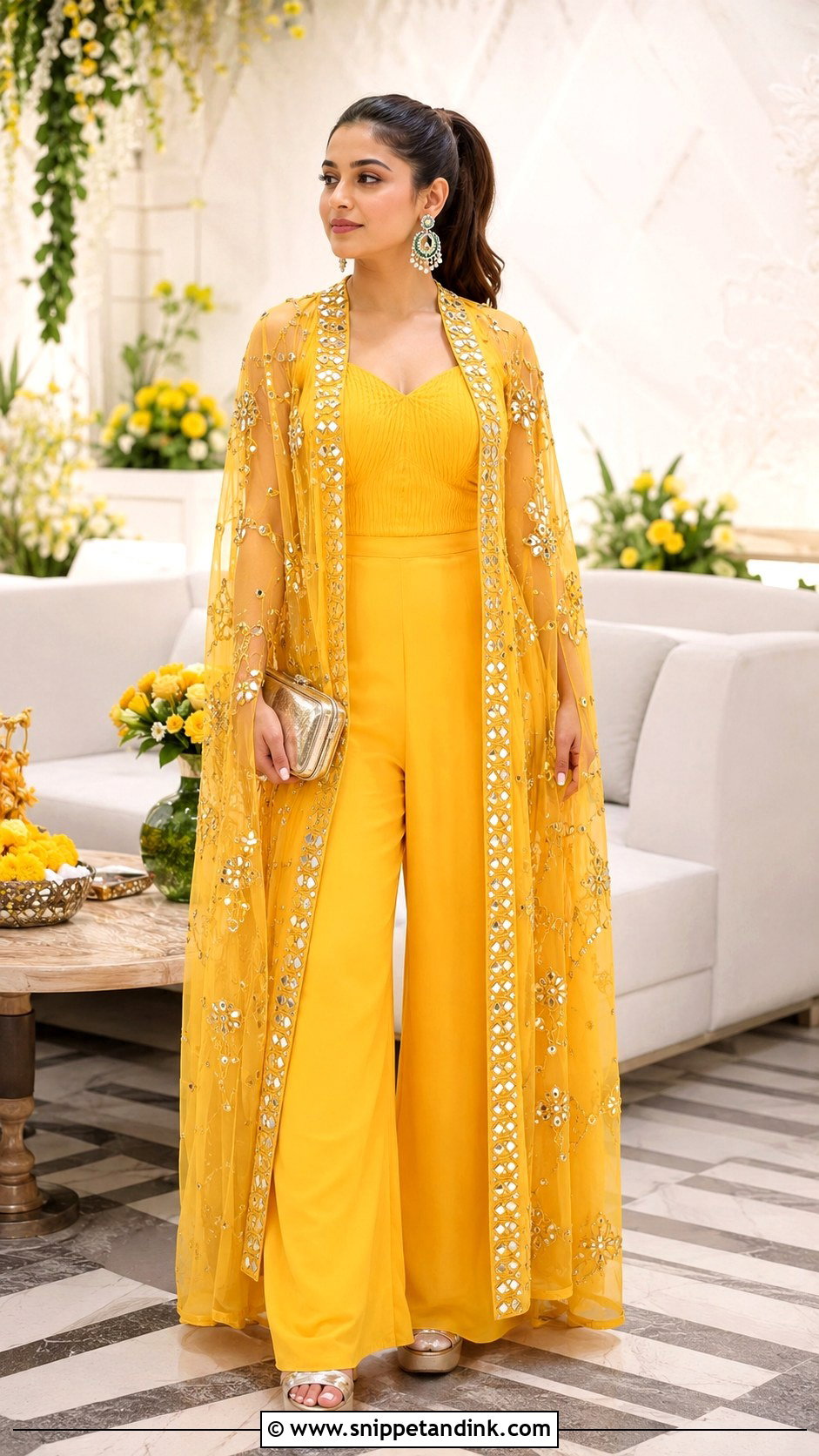 Yellow Jumpsuit With Embroidered Cape For Haldi - Snippet and Ink - 20 Haldi Night Outfit Ideas