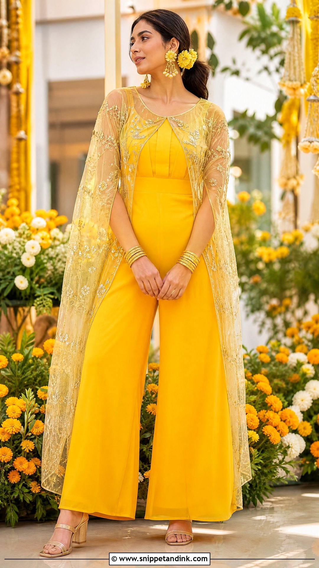 Yellow Jumpsuit With Sheer Cape - Snippet and Ink - 20 Western Pithi Outfit Brides Ideas