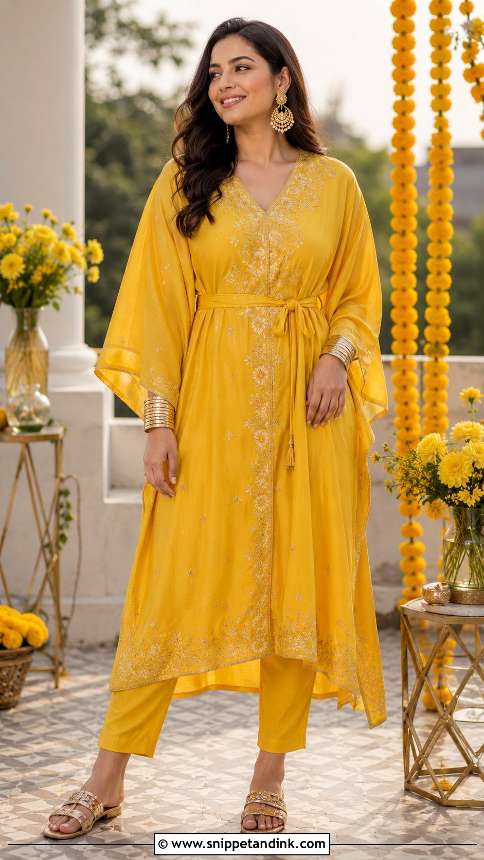 Yellow Kaftan And Pants Haldi Outfit - Snippet and Ink - 20 Haldi Trending Outfits