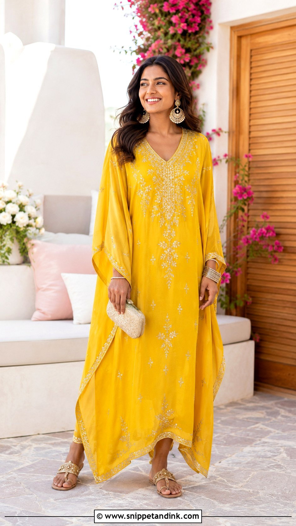 Yellow Kaftan Dress For Haldi - Snippet and Ink - 30 Haldi Dresses