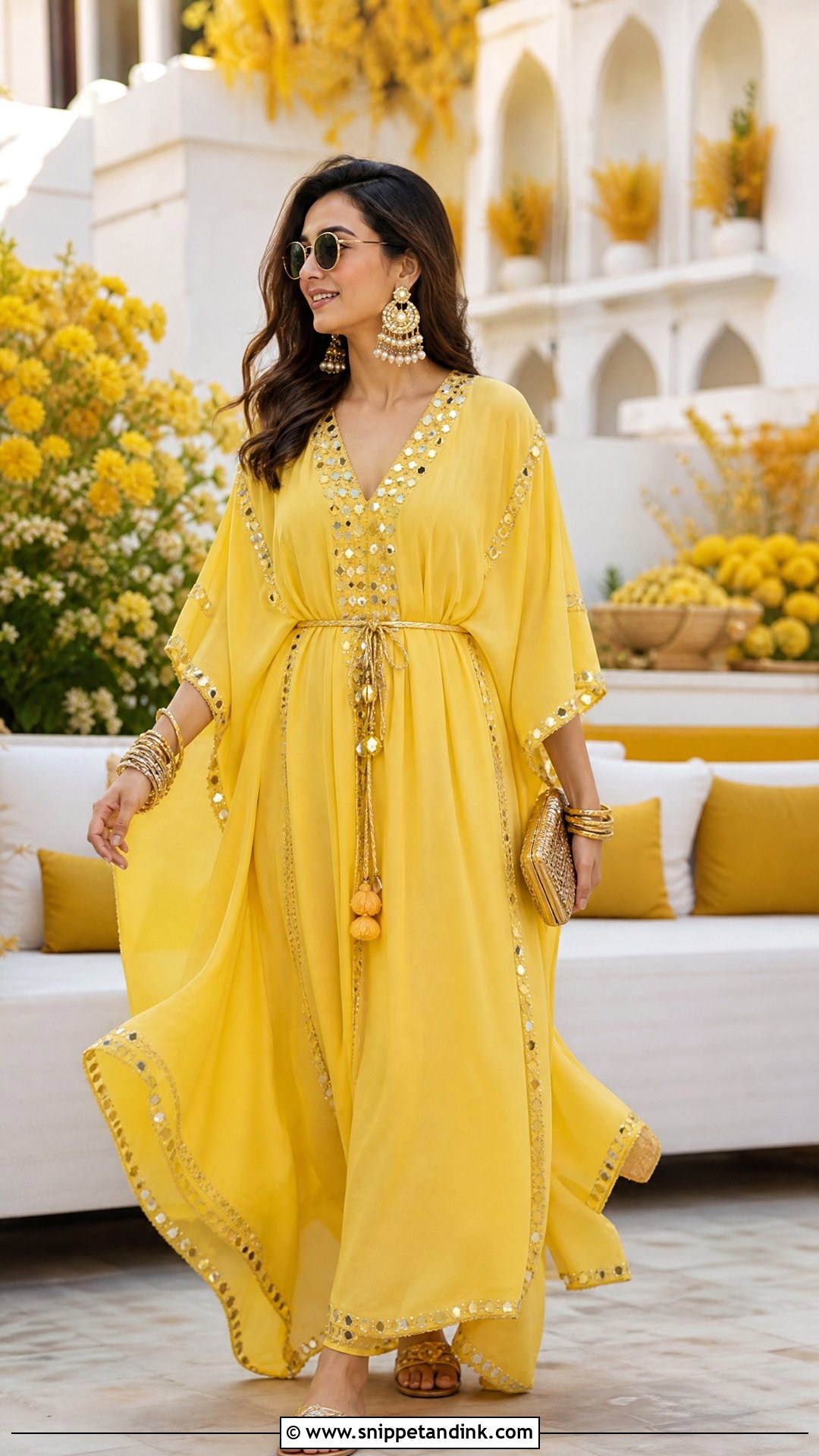Yellow Kaftan Dress For Haldi - Snippet and Ink - 25 Yellow Outfit for Haldi Function Ideas