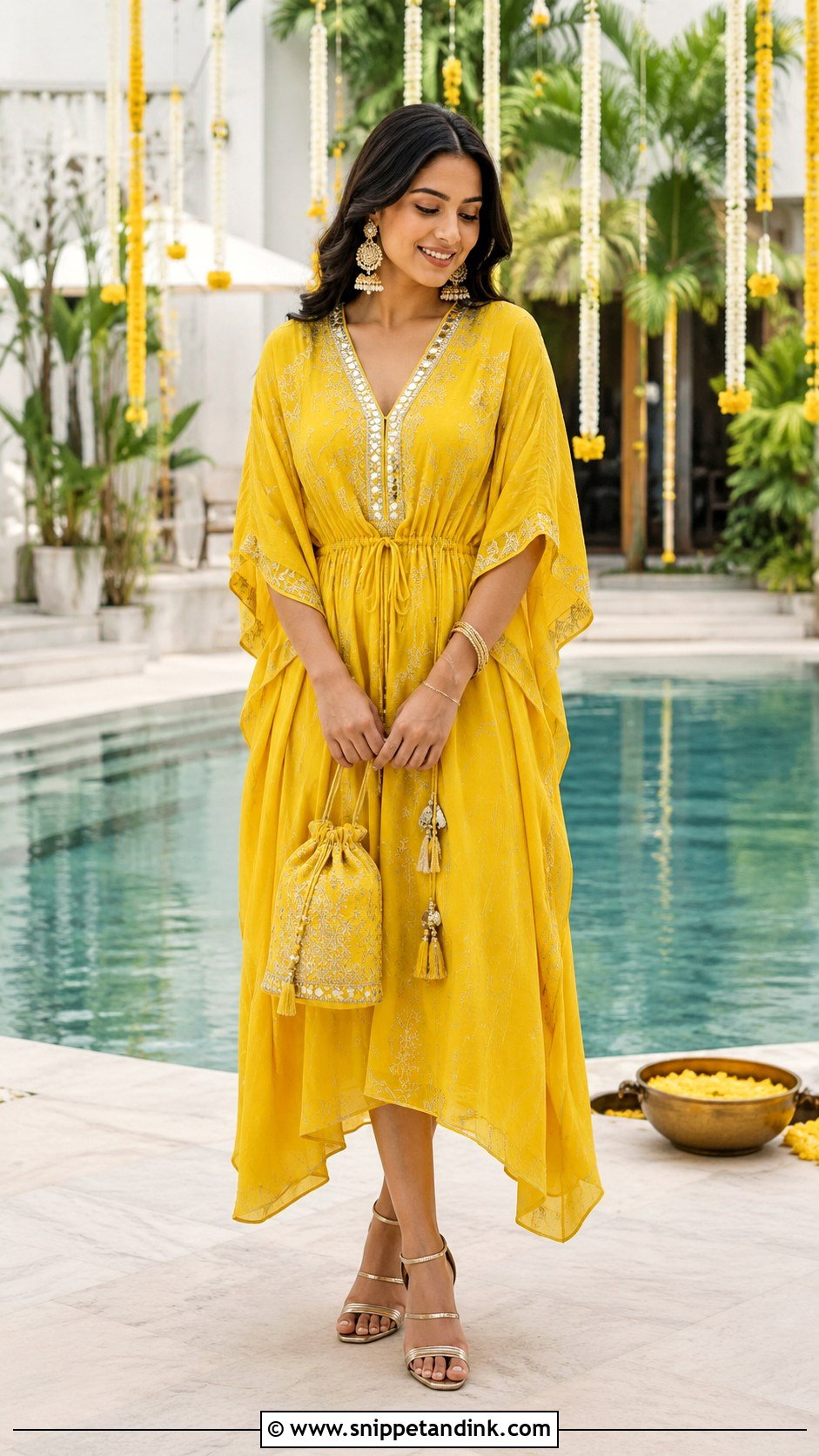 Yellow Kaftan Dress Haldi Outfit - Snippet and Ink - 20 Haldi Western Outfit Ideas