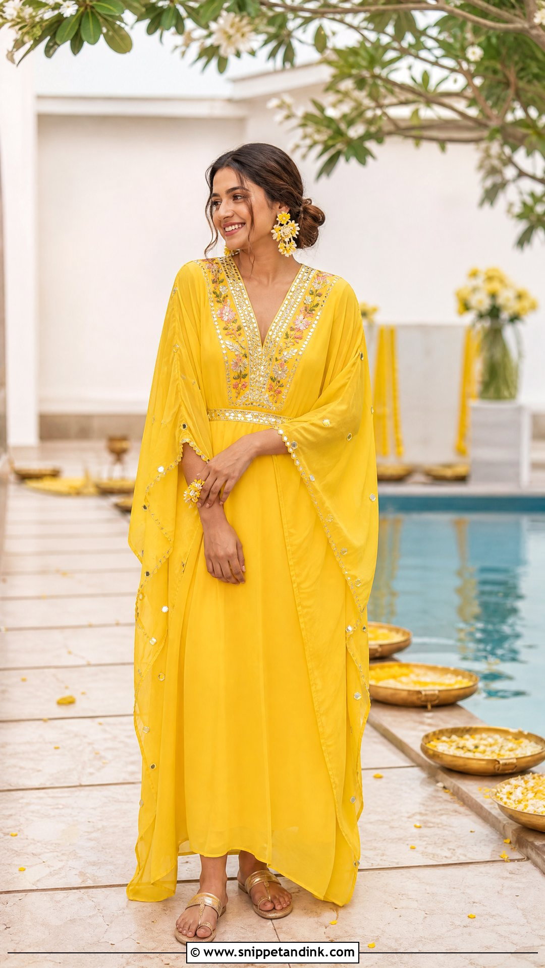 Yellow Kaftan Dress With Belt - Snippet and Ink - 20 Western Pithi Outfit Brides Ideas