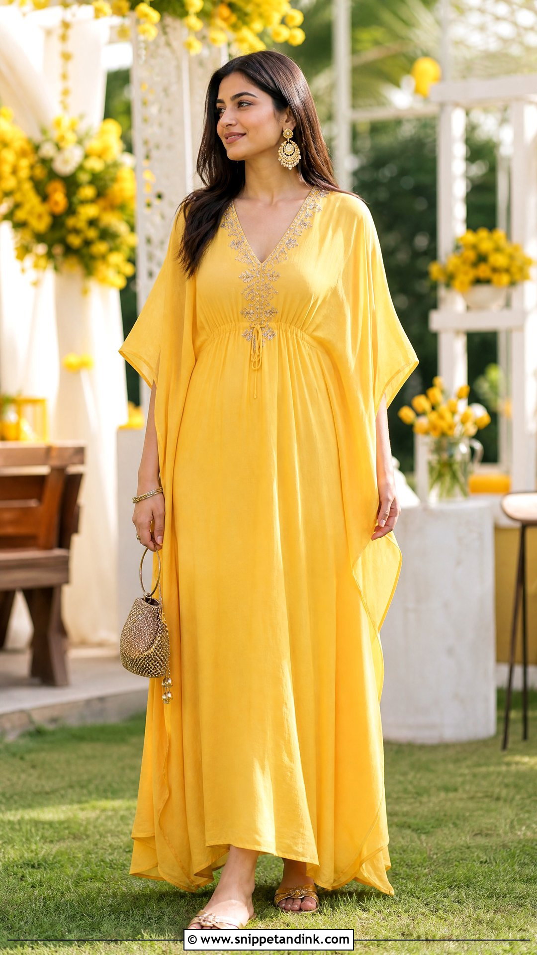 Yellow Kaftan Dress With Gold Sandals - Snippet and Ink - 25 Simple Yellow Dress for Haldi Function Ideas