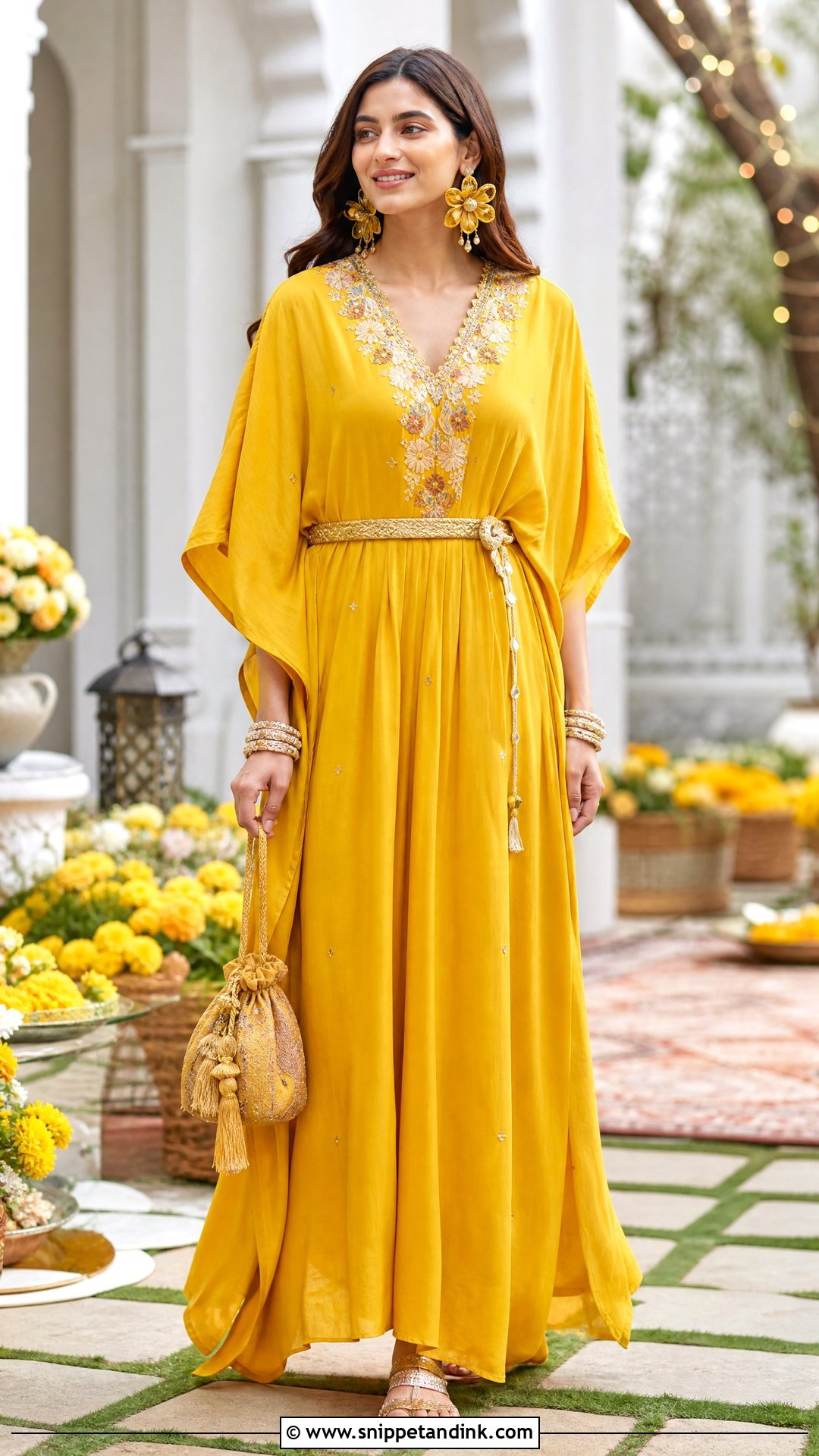 Yellow Kaftan Dress for Haldi - Snippet and Ink - 20 Yellow Colour Dress for Haldi Ideas