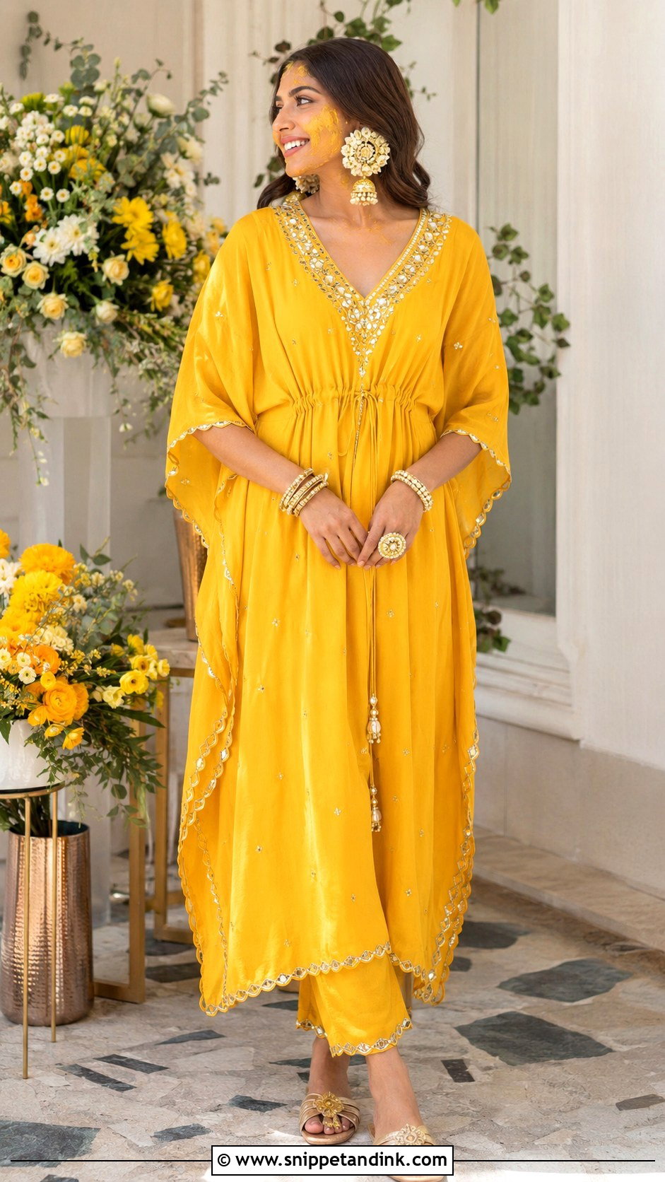 Yellow Kaftan Dress for Haldi Bride - Snippet and Ink - 20 Dress for Haldi Function for Bride Ideas