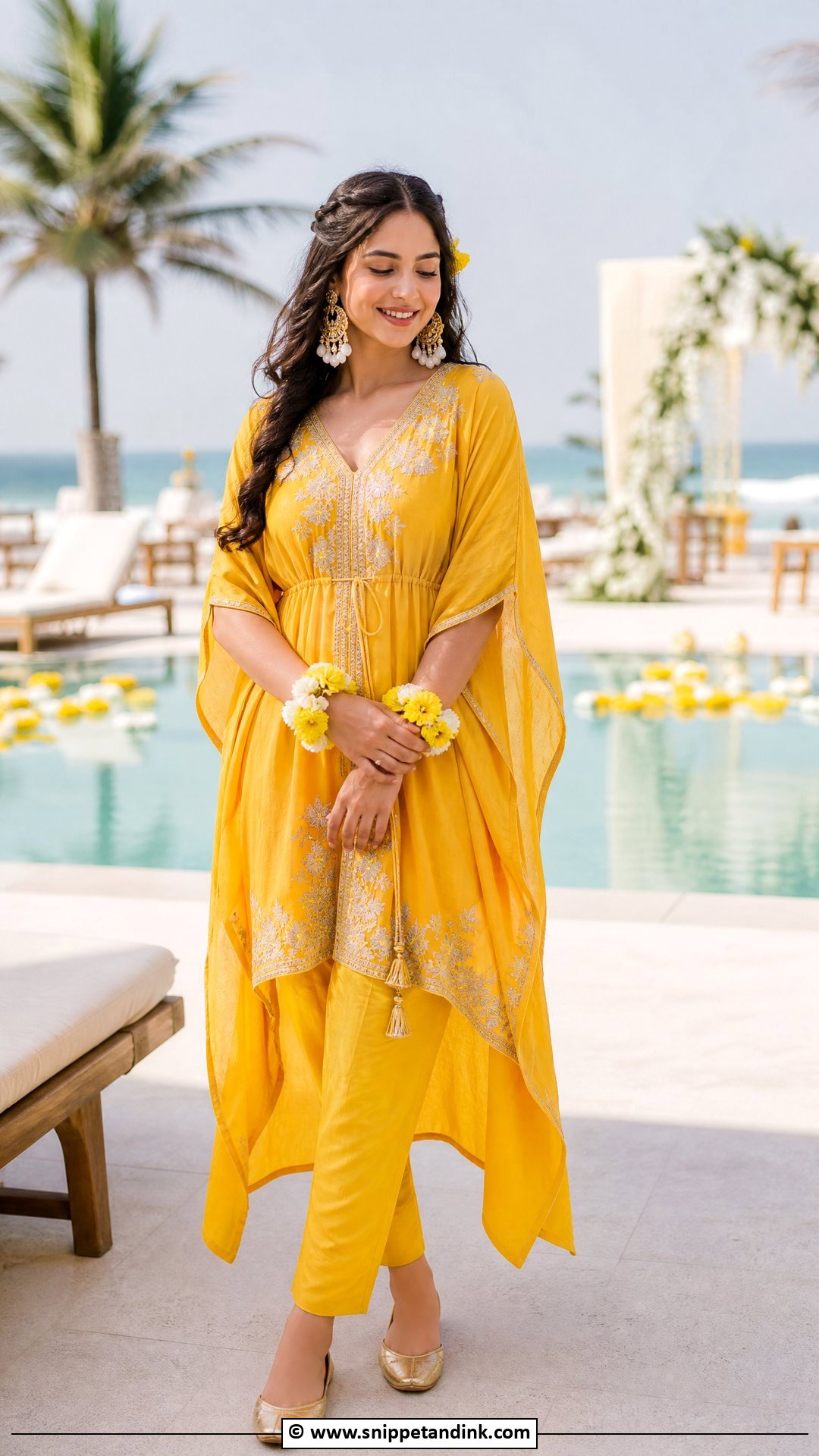 Yellow Kaftan For Haldi Ceremony - Snippet and Ink - 35 Haldi Ceremony Outfit for Bride Ideas