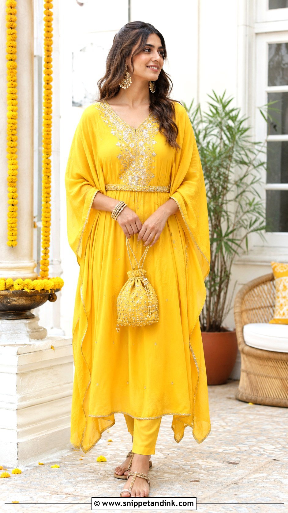 Yellow Kaftan Haldi Outfit - Snippet and Ink - 20 Haldi Inspo Outfit Ideas
