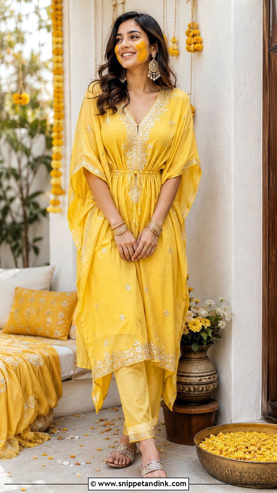 Yellow Kaftan Haldi Outfit - Snippet and Ink - 20 Haldi Rasam Dress Ideas