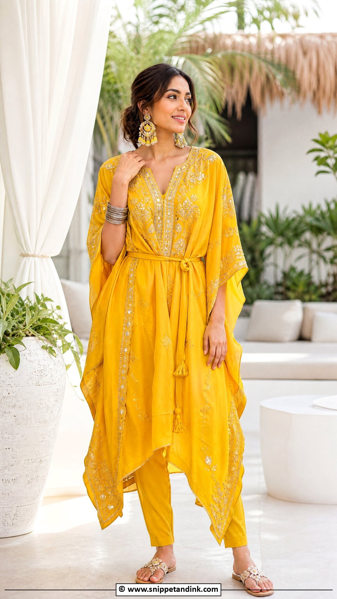 Yellow Kaftan Haldi Outfit - Snippet and Ink - 35 Haldi Outfit Ideas