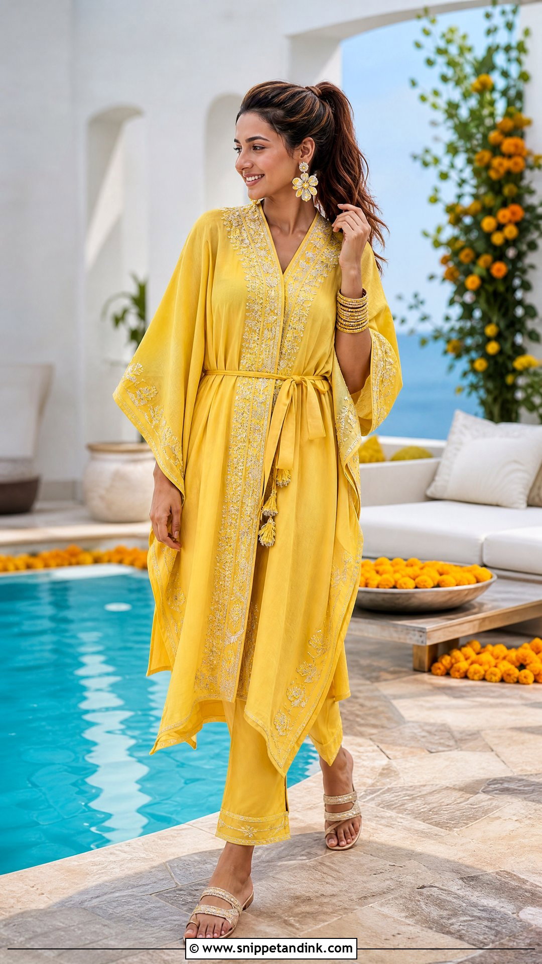 Yellow Kaftan Poolside Haldi Outfit - Snippet and Ink - 20 Pool Side Haldi Outfits