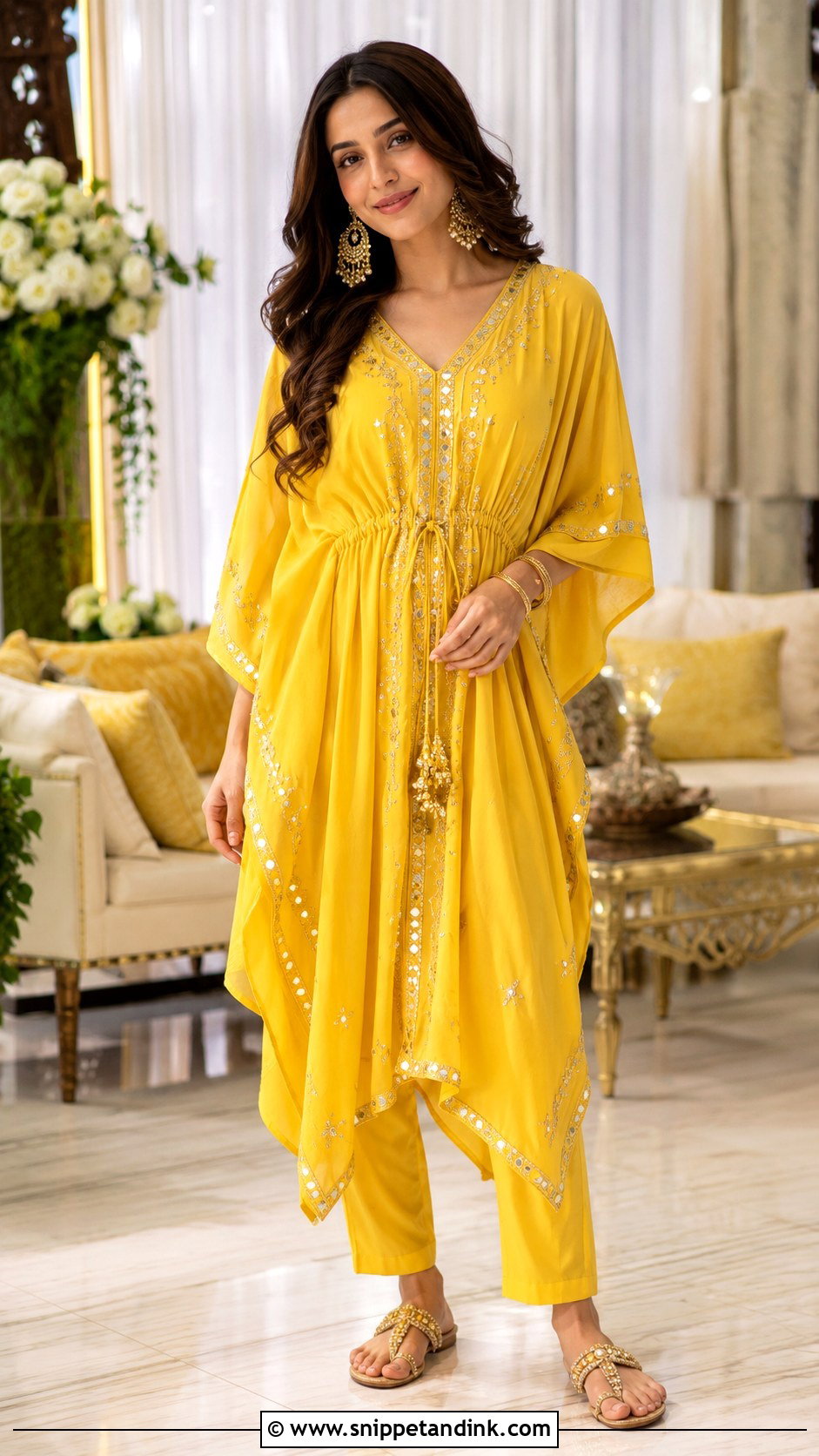 Yellow Kaftan Set For Haldi - Snippet and Ink - 20 Haldi Night Outfit Ideas