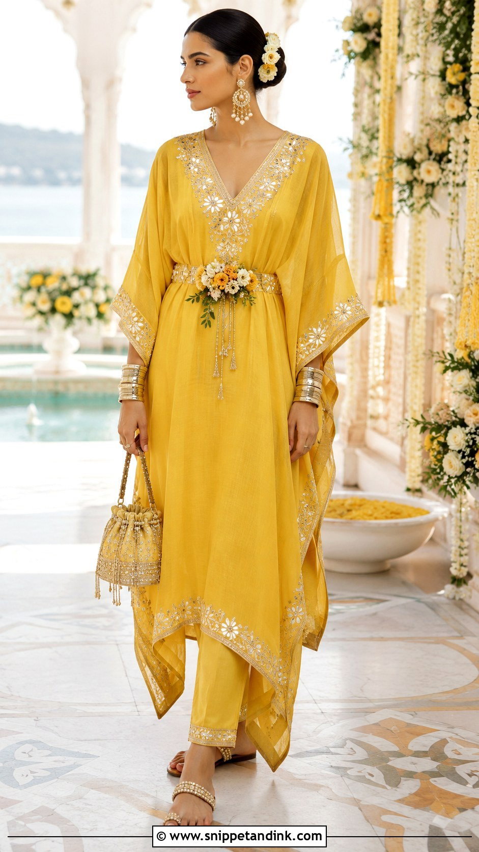 Yellow Kaftan Set Haldi Outfit - Snippet and Ink - 20 Haldi Outfits Ideas