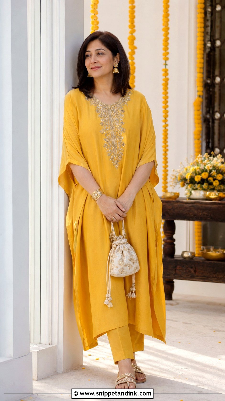 Yellow Kaftan Set Haldi Outfit for Mom - Snippet and Ink - 20 Haldi Outfit for Mom Ideas