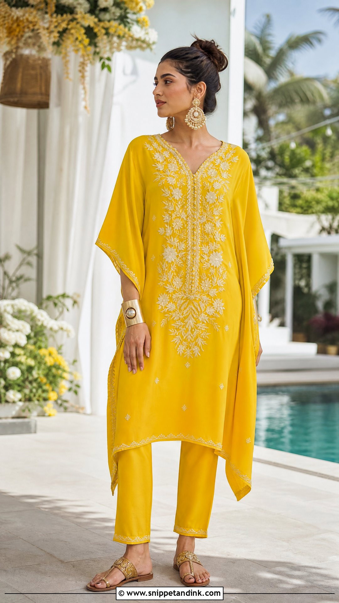 Yellow Kaftan Set for Haldi Ceremony - Snippet and Ink - 20 Haldi Ceremony Outfit for Sister Ideas