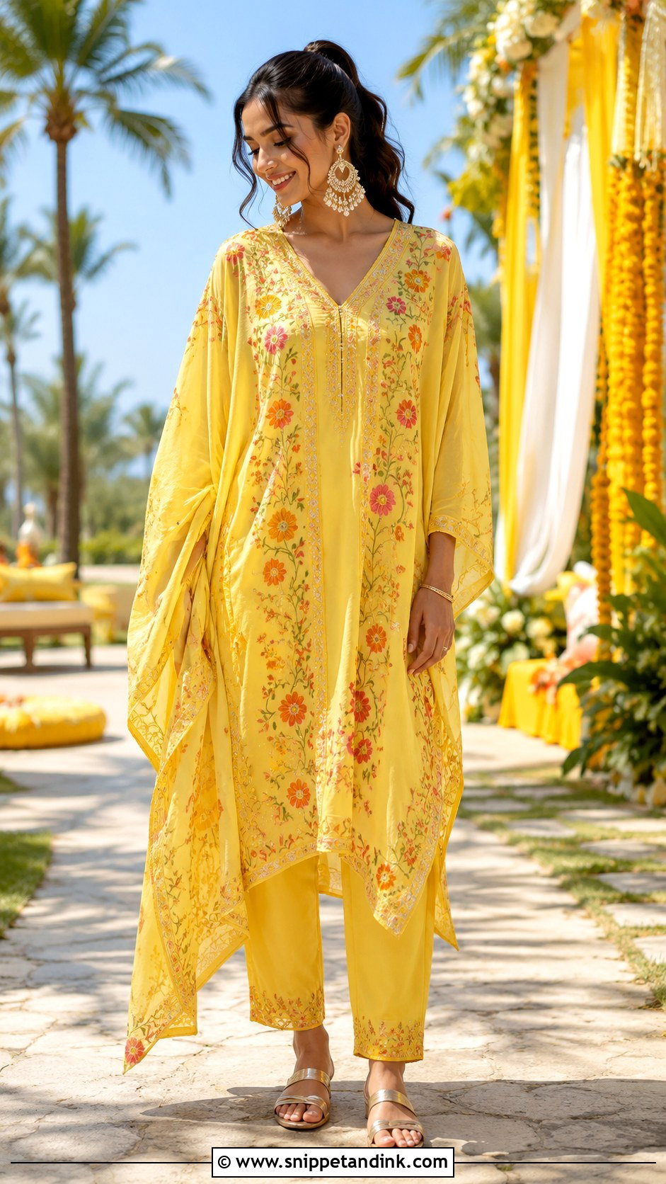 Yellow Kaftan Set for Sister - Snippet and Ink - 20 Yellow Haldi Ceremony Outfit for Sister Ideas