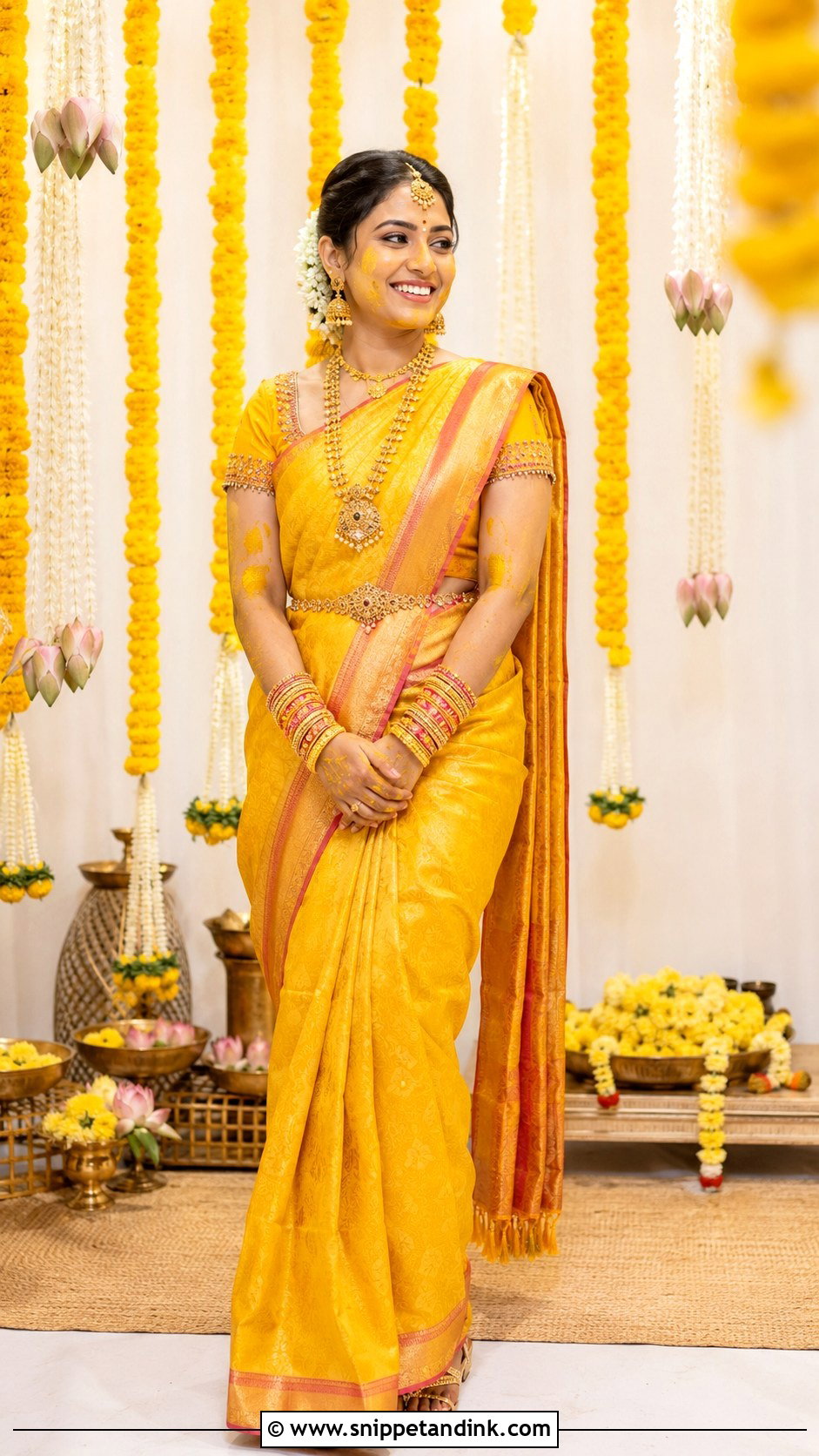 Yellow Kanjeevaram Haldi Saree - Snippet and Ink - 30 Indian Bridal Haldi Outfit Ideas