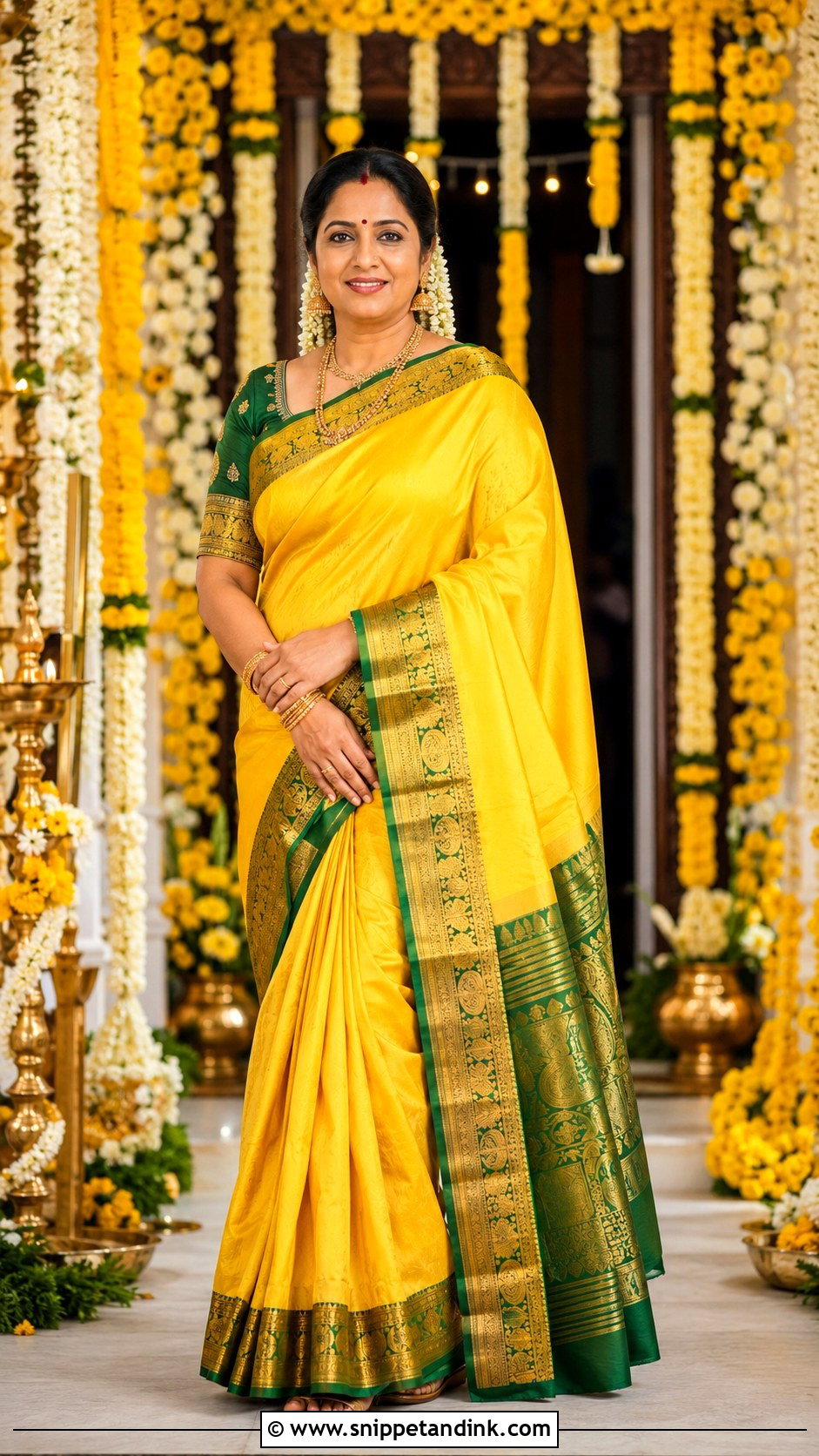 Yellow Kanjeevaram Saree Haldi Outfit for Mom - Snippet and Ink - 20 Haldi Outfit for Mom Ideas